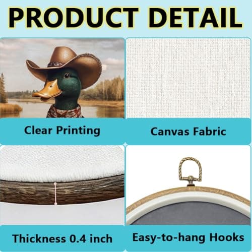 PRESSINART Cowboy Duck Decor 10 x 10 Inch Duck Framed Art Vintage Western Animal Round Wall Decor Linen Hanging Canvas Artwork for Gallery Bedroom Bathroom Living Room Farmhouse Office Home Kitchen — view 5