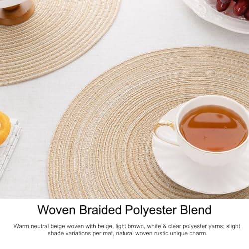 SHACOS 15 inch Round Placemats Set of 6, Cotton Polyester Woven Braided Place Mats, Washable Heat Resistant Non Slip Table Mats for Kitchen Dining Table (Beige, 6)