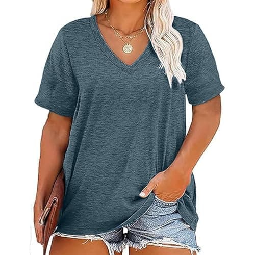 Women's Plus Size V Neck T Shirts Casual Summer Short Sleeve Tops Spring Basic Tees Loose Fit Vacation Tunic Blouses
