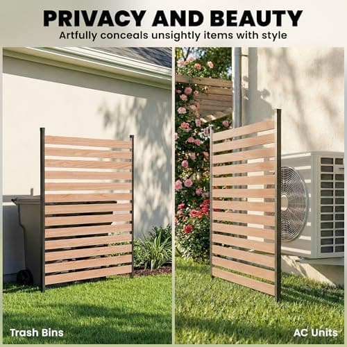 Outsunny Outdoor Privacy Screen Panel, 38" x 76" No Dig Space Divider with Fir Wood Planks and Aluminum Posts for Patio Backyard, Great to Hide Trash Cans, Air Conditioner Fence — view 3