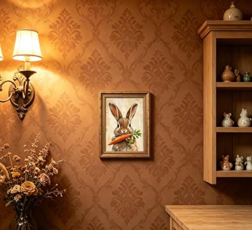 Gold Framed Rabbit Wall Art Vintage Easter Canvas Painting Picture Wall Decor Countryside Farmhouse Animal Poster Print Artwork ForSuitable For Bedroom Living Room Other Home Decoration — view 4