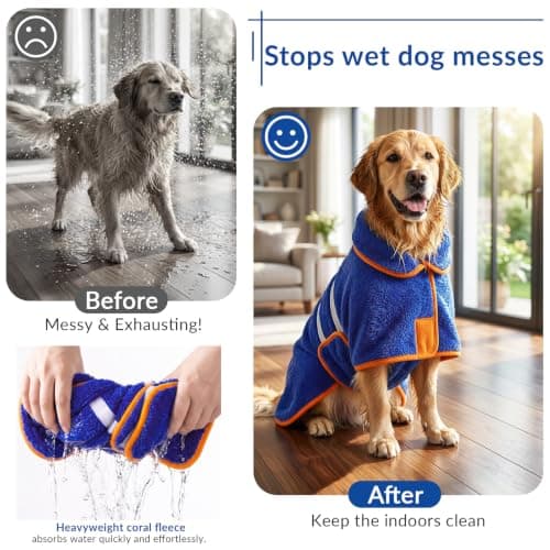 Bienbee Dog Bathrobe, Quick Drying Super Absorbent Pet Robes for Small Medium Large Dogs, Drying Coat for After Bath & Swim, Warm & Cozy Dogs Towels, Dog Puppy Bath Supplies, Dark Blue XL