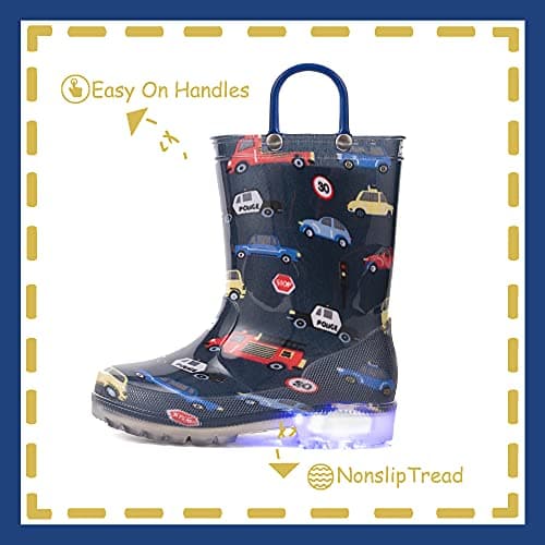 OUTEE Toddler Boys Rain Boots Little Kids Baby Light Up Printed Waterproof Mud Shoes Blue Police Firefighters Lightweight Rubber Adorable with Easy-On Handles Non Slip (Size 1,BLue) — view 3