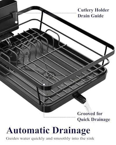 Kitsure Dish Drying Rack for Kitchen Counter, Stainless Steel Sink Organization and Storage Essentials with Cutlery Holder, Home and Appartment Decor, 12''W x 15.5''L, Black — view 2