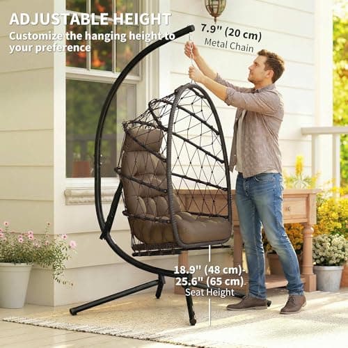 Outsunny Hanging Egg Chair with Stand, Foldable Wicker Rattan Swing Chair with Thick Cushion and Safety Rope for Patio Garden, Supports 264 lbs, Brown — view 4