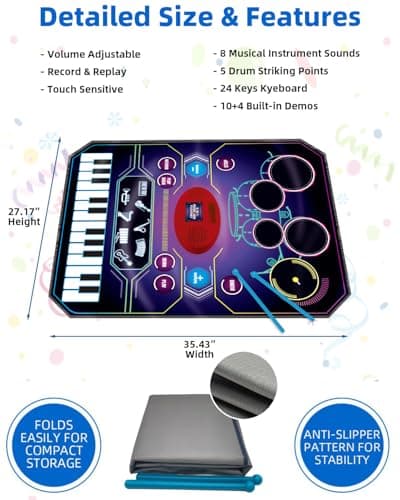 SUNLIN 2-in-1 Music Jam Mat, Music Learning Toy for Boys Girls 3-6, Drum Set + Piano Mat, Toddler Birthday Gift 3 4 5 6 Years, Record & Playback, Built-in Songs, 8 Instrument Sounds, Volume Control — view 3