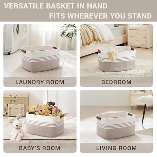 SunNewt 60L Large Laundry Basket with Leather Handles for Living Room Storage, Woven Rope Baskets Bin for Blanket, Gifts, Wicker Hamper for Bedroom Dirty Clothes, 21"x15"x11" White Brown — view 3