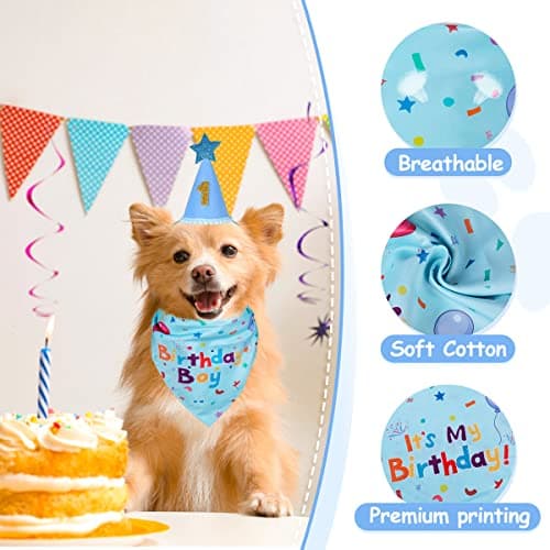 Yicostar Dog Birthday Party Supplies, Dog Birthday Bandana Set, Dog Boy Girl Birthday Party Hat with Numbers for Large Medium Small Dogs Pet (Blue) — view 2