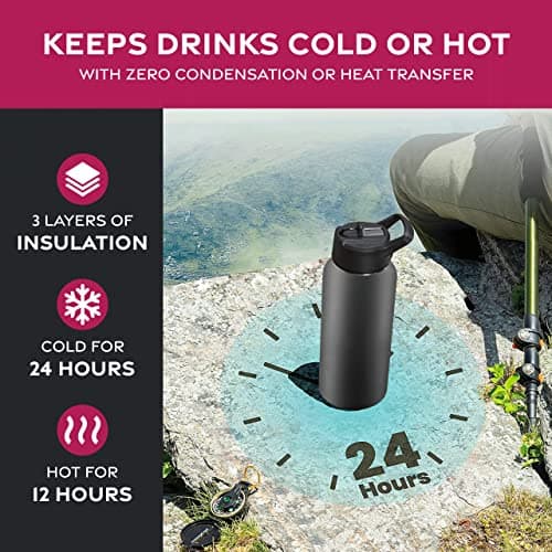 FineDine Water Bottle - Stainless Steel Insulated Water Bottle with Straw Lid, Flip Lid & Wide-Mouth Cap - Keeps Hot and Cold - 32 Oz / 946ml - Inky Raven Black — view 2