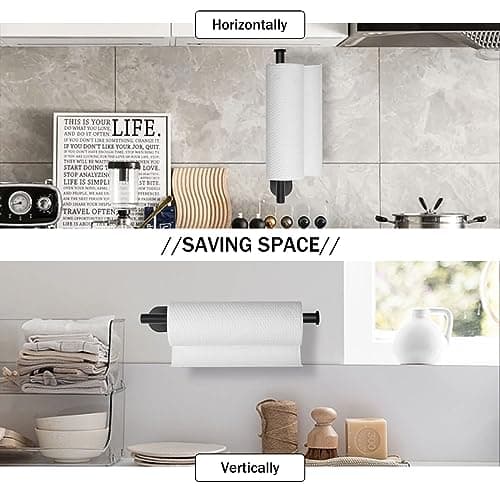 Paper Towel Holders for Kitchen,Paper Towels Bulk- Self-Adhesive Under Cabinet,Both Available in Adhesive and Screws,Stainless Steel Paper Towel Roll Rack (1, Bright Black) — view 2