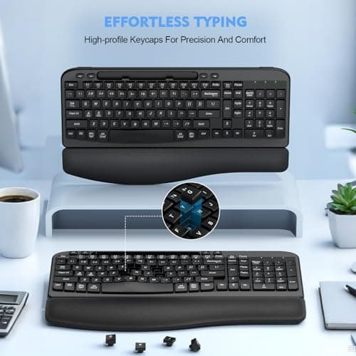 EAYBLLY 2.4G Wireless Ergonomic Keyboard, Full Size Wave Keys with Memory Foam Wrist Rest & 7.28in Phone Holder, USB-C Adapter Included for Windows Mac Chrome OS, Office or Home (Black) — view 5