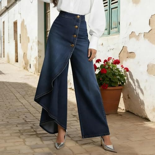 Wide Leg Jeans Woman High Waisted Asymmetrical Baggy Trendy Business Casual Denim Pant Button Ruffle Spring Outfits S-3XL Dark Blue — view 2