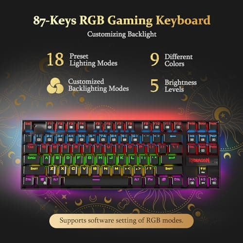 Redragon K552P Mechanical Gaming Keyboard TKL with 18 Backlight Modes, Hot-Swappable Blue Switches, 87-Key Compact Ergonomic Design, N-Key Rollover & Software Programmable Macro - RGB, Black — view 2