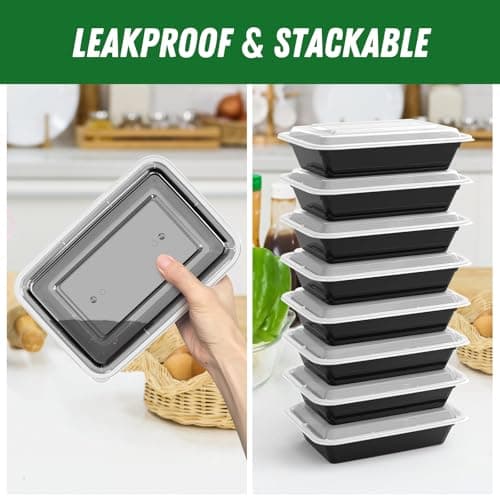 50 Pack (100-Piece) 32 oz Meal Prep Containers Reusable with Easy Open Lids, Sturdy Leakproof Food Safe, Microwave Freezer Dishwasher Safe, To Go Take Out Plastic Food Storage Pans with Lids, Black — view 3
