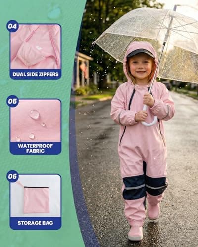 DivingBirds Kids Toddler Rain Suit Waterproof Coverall, Hooded Full-Body Raincoat for Boys & Girls, Puddlesuit with Reflective Strips for Outdoor Play,Muddy Days,Pink,5-6 Years — view 3
