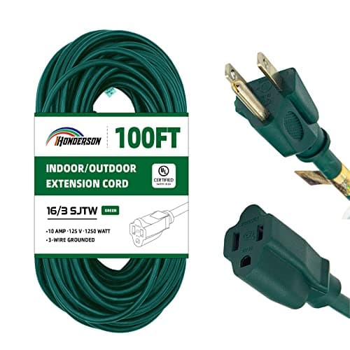 HONDERSON Indoor Outdoor Extension Cord Weatherproof, UL Listed, 16 Gauge 100FT Green 3 Prong Heavy Duty Extension Cord, 16/3 SJTW 10A Power Extension Cord for Outdoor Lights, Appliances, Lawn