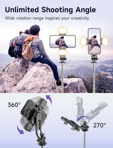 Selfie Stick with 2 Fill Light, 53'' Tripod for Cell Phone with Wireless Remote, 360° Rotating Portable Phone Tripod with Detachable Clip, Travel Phone Holder Compatible with iPhone/Samsung/GoPro — view 5