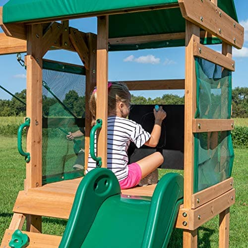 Backyard Discovery Buckley Hill Cedar Wood Swing Set with Wave Slide, Play Deck, Rock Wall Ladder, Belt Swings, Chalkboard, Canopy Roof, Outdoor Playset — view 5