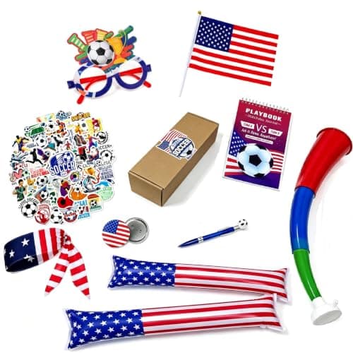 Soccer Fan Accessories Set, Game Day Party Supplies Kit with Inflatable Cheering Sticks, Horn, Headband, Glasses, Flag & Face Stickers, Sports Watch Party Decorations (USA)