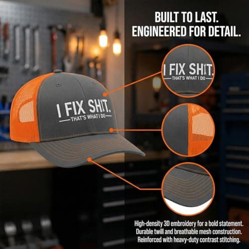 I Fix Shit Trucker Hat - Funny Embroidered Handyman Cap Gifts for Men Dad Husband Mesh Back Baseball Hats (E,One Size) — view 2