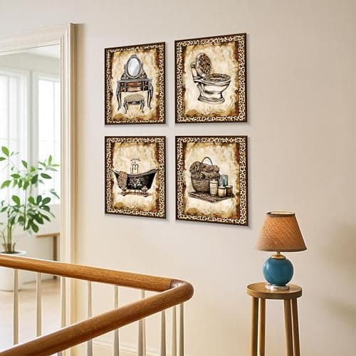 MKYFHSVGD Leopard Print Bathroom Wall Art Posters Set of 4, Vintage Cheetah Vanity Bathtub Toilet Prints Posters for Bathroom Washroom Restroom Powder Room Wall Decor, 8x10 Unframed — view 2