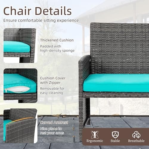 4 Piece Patio Ratten Set Outdoor Furniture Set Wicker Conversation Sets with Cushions and Tempered Glass Tabletop,Blue — view 3