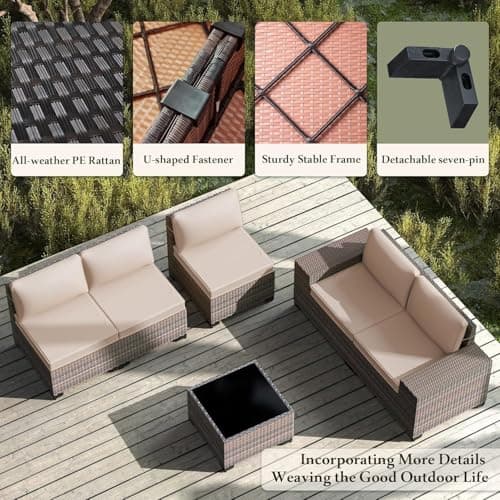 RTDTD 6 PCS Outdoor Patio Furniture Set,Outdoor Sectional Furniture All Weather PE Rattan Wicker Patio Conversation Set with Coffee Table and 5 Thickened Cushions,Brown — view 3