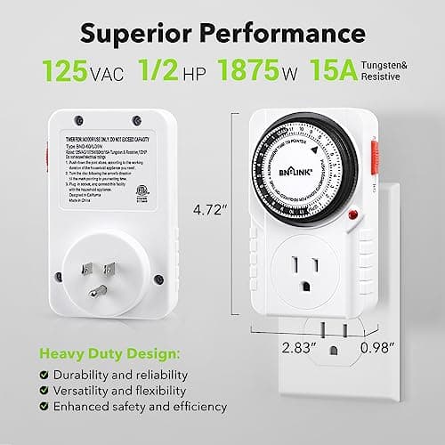 BN-LINK 24 Hour Plug-in Mechanical Timer Grounded for Aquarium, Grow Light, Hydroponics, Indoor Lighting, Home Appliances, ETL Listed 125VAC, 60 Hz, 1875W, 15A, 1/2HP (1 Pack) — view 3