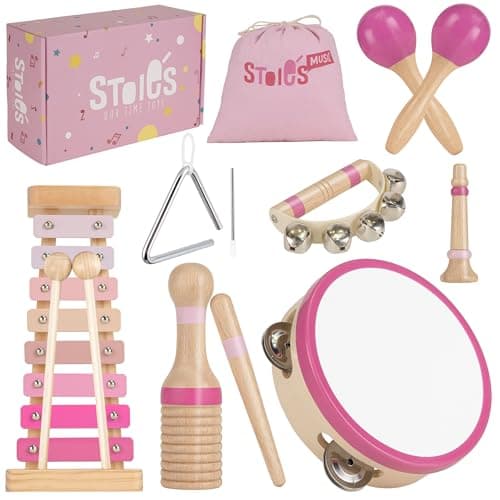 Stoie's Wooden Toddler Musical Instruments with Xylophone, Maracas, Triangle, Tamburine for Babies and Kids, Eco Friendly Montessori Educational Toy