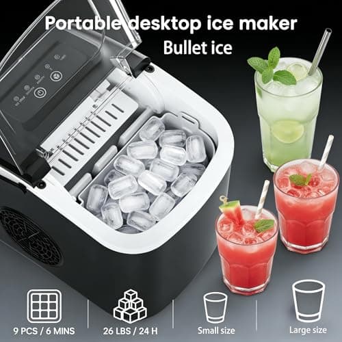 Bayany Countertop Ice Maker with Handle, Small Portable Self-Cleaning Ice Machine with Basket and Scoop， 26lbs/24H, 9 Ice Cubes in 6 Mins, for Home, Kitchen, Parties, Camping