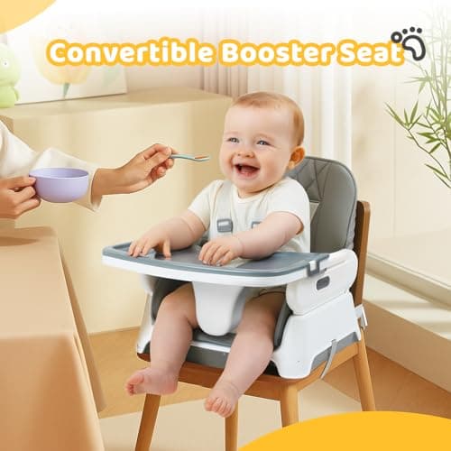 JOYMOR 5 in 1 Baby High Chair for Babies and Toddlers, Portable Highchair Fold Compact, ConvertibleBaby Feeding Chair Booster for Eating with Detachable Double Tray, 5 Point Harness (Grey&White) — view 2