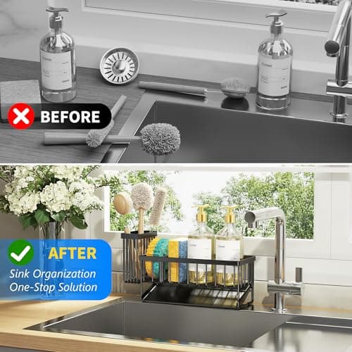 Cisily Sink Caddy Sponge Holder for Kitchen with Brush Holder and Stainless Steel Self Drain Tray, Rustproof Kitchen Sink Organizer for Sponge, Soap Dispenser Storage Accessories — view 5