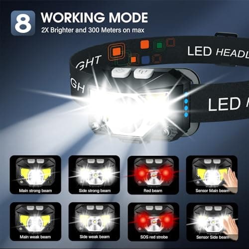LHKNL Headlamp Flashlight, Lumen Ultra-Light Bright LED Rechargeable Headlight with White Red Light, 2-Pack Waterproof Motion Sensor Head Lamp,8 Modes for Outdoor Camping Running Hiking Fishing — view 3