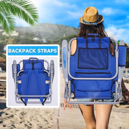 Canpsky Portable Beach Chair for Adults, Outdoor Camping Chair Lay Flat Folding Backpack Beach Reclining Chair with 5 Positions, Headrest, Zipper Pouch, Cup Holder, Blue — view 4