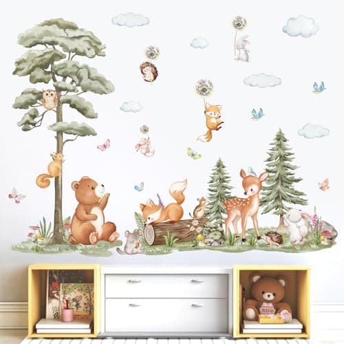 decalmile Large Forest Animals Tree Wall Decals Bear Deer Fox Woodland Wall Stickers Baby Nursery Kids Room Daycare Wall Decor — view 2