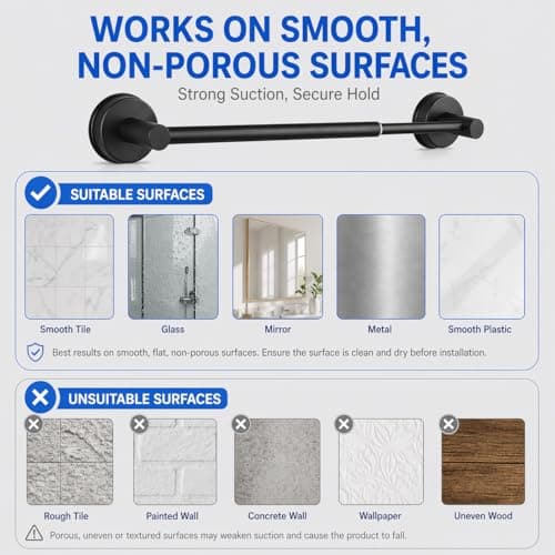 Extendable Suction Cup Towel Bar, Matte Black Stainless Steel No Drill Towel Holder for Bathroom, Adjustable Wall Mounted Towel Rack for Shower, Kitchen, RV, Smooth Tile, Glass, Mirror and Metal — view 2