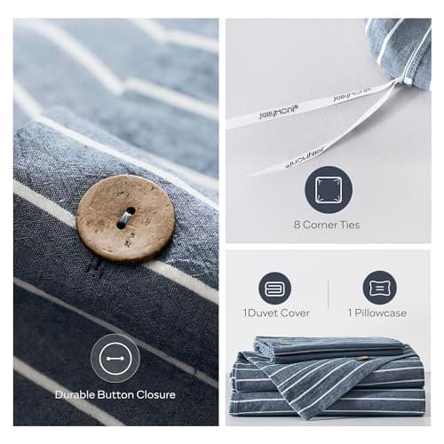 JELLYMONI Pinstriped 100% Washed Cotton Linen Like Duvet Cover Set, 3 Pieces Luxury Soft Bedding Set with Buttons Closure, Blue Stripes Pattern Printed Duvet Cover Twin Size(No Comforter) — view 2