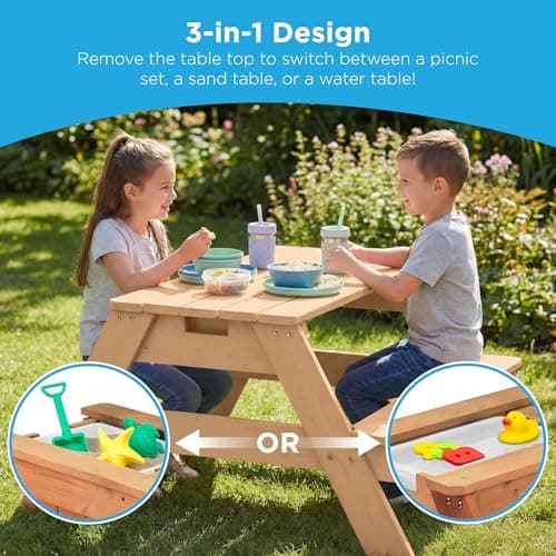 Best Choice Products Kids Picnic Table with Umbrella, 3-in-1 Sand & Water Table, Outdoor Convertible Picnic Table for Toddlers, Seats 4, Removable Top, 2 Buckets - Navy — view 3