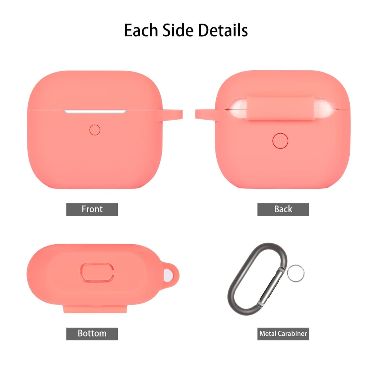 Funda de Silicona Compatible con AirPods 3, Anti-rasguños, Anti-Polvo, LED Frontal Visible, Funda Premium Silicona para AirPods 3.ª Generación (2021) con Mosquetón, Coral Orange — view 3