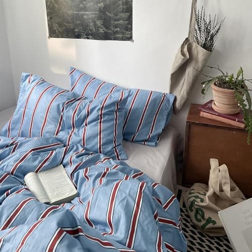 mixinni Vintage Striped Blue Duvet Cover Queen - 100% Cotton Red Stripes 3-Piece Bedding Duvet Cover Set with Zipper Closure, Soft & Breathable Retro Design for All Seasons (Queen Size) — view 4