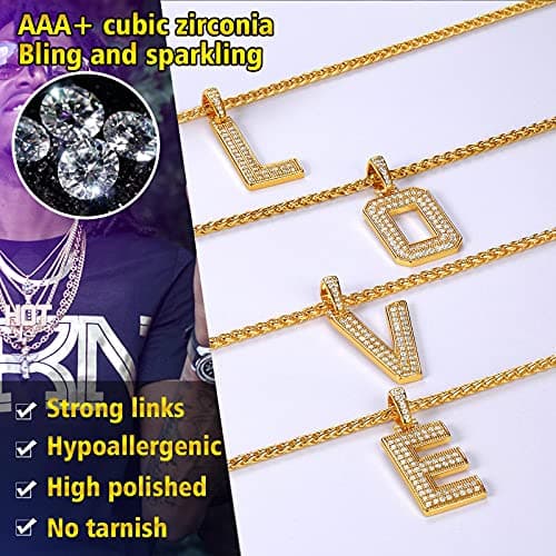 FindChic Bling CZ Bold Letter W Necklace For Men&Women Hip Hop Iced out 18K Gold Plated Custom Name Large Initial Pendant Personalized Jewelry for Rapper Boys 22inch Wheat Chain — view 3