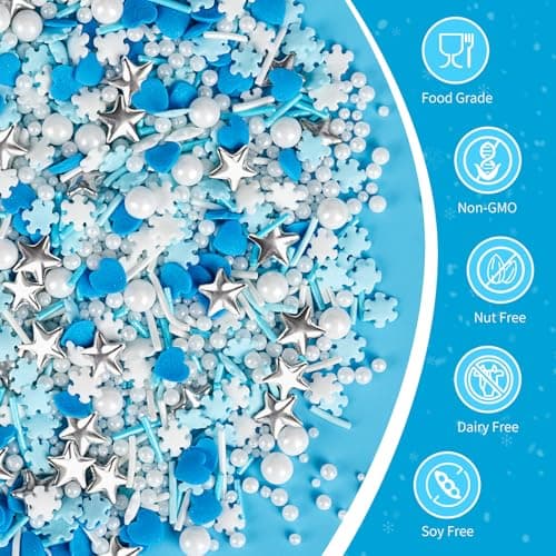 Edible Frozen Sprinkles,Blue Heart White Snowflake Silver Star Pearl Jimmies Mix,130g/4.58oz,Winter Sugar Sprinkle for Decorations Baking,Cake Ice Cream Cookies Cupcake Toppe Chocolate,Birthday Children Party Supplies — view 3