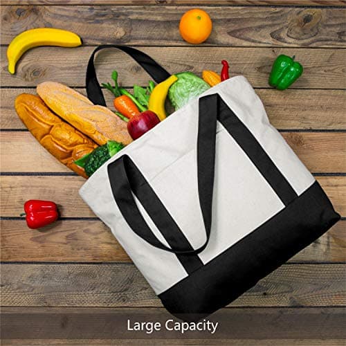 TOPDesign 1 | 3 | 6 | 30 Pack Canvas Tote Bag with an External Pocket, Reusable Grocery Shopping Bag, Top Zipper Closure, Daily Essentials (Black/Natural Pack of 1) — view 3