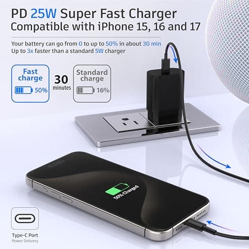 TT&C USB C Super Fast Charger 25W 2-Pack with Type-C Cable 6FT, USB C Block PD 3.0 PPS Adapter Compatible with Samsung Galaxy S26, S25, S24, S23 & iPhone 17/16/15 (Black) — view 4