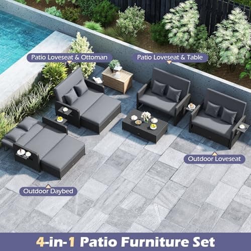 Tangkula Patio Rattan Daybed with 4-Level Adjustable Backrest, Outdoor PE Wicker Loveseat with Storage Ottoman & Folding Side Tray, Double Sunbed Lounger for Balcony, Backyard & Poolside (Grey) — view 6