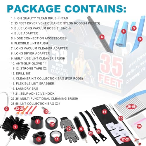Sealegend 58-Piece Dryer Vent Cleaning Kit Omnidirectional Cleaner Include 35 Feet Dryer Vent Brush Blue Dryer Vacuum Attachment Lint Brush Vacuum&Dryer Adapter — view 5