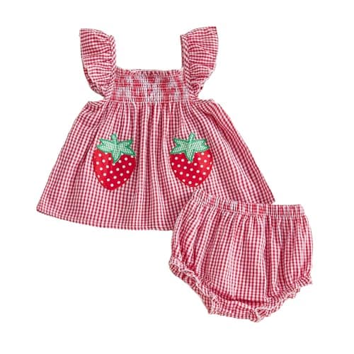 Baby Girl Summer Clothes Strawberry Cherry Ruffle Dress Tops Shorts Sets Bow Flower Bloomers Infant Newborn Outfit (03 Strawberry Red, 12-18 Months)
