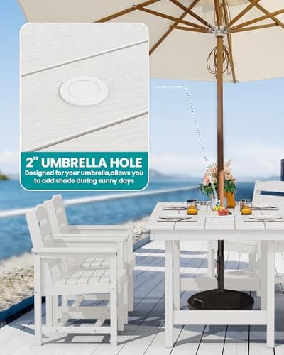 SERWALL 8-Pc HDPE Dining Set, 1 Table, 1 Umbrella & 6 Chairs, White