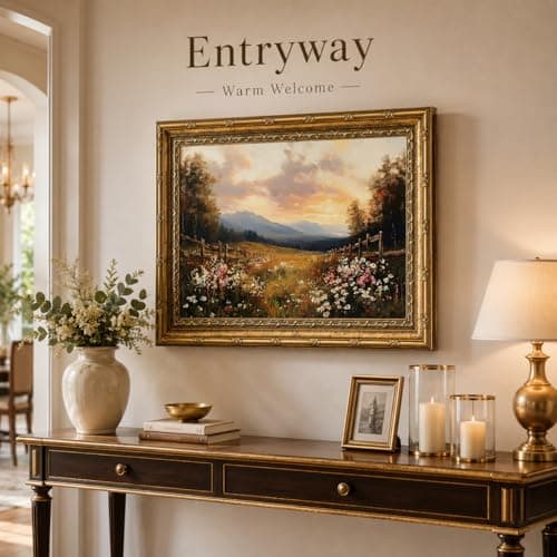 Vintage Gold Framed Wall Art, Retro Wildflower Canvas Print, Rustic Farmhouse Sunset Painting for Living Room, Bedroom, Office, 9x11 Inch