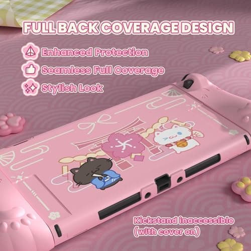 PlayVital Cherry Blossoms Kitten Protective Case for Nintendo Switch 2 with Stand | Cute Cat Ear & Paw Silicone Grips, Dockable Hard Shell, 2 Joystick Caps | Full-Body Protection Cover - Pink — view 3